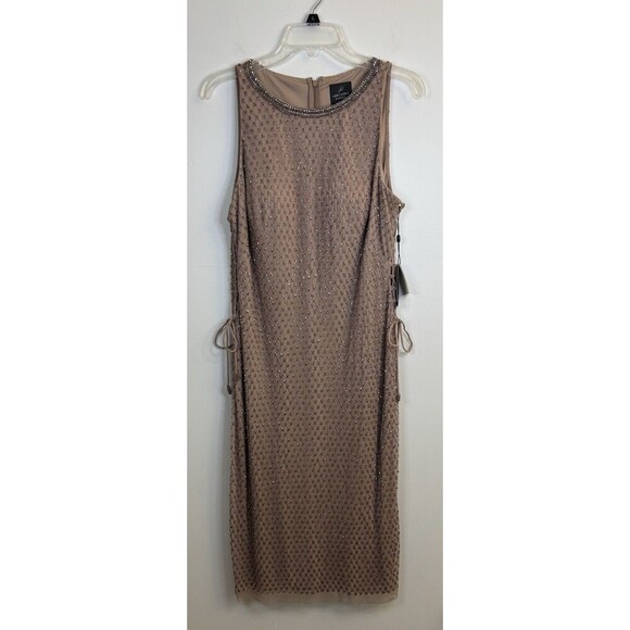 ADRIANNA PAPELL Rose Gold Beaded Formal Dress 16 Adorned Sides Midi Mesh Gown - Picture 2 of 16